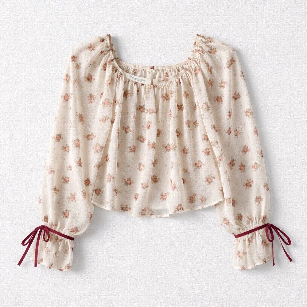 Idem Ditto Womens Blouse Size M Ivory Floral Off Shoulder Bow sleeves nwt - Picture 2 of 6